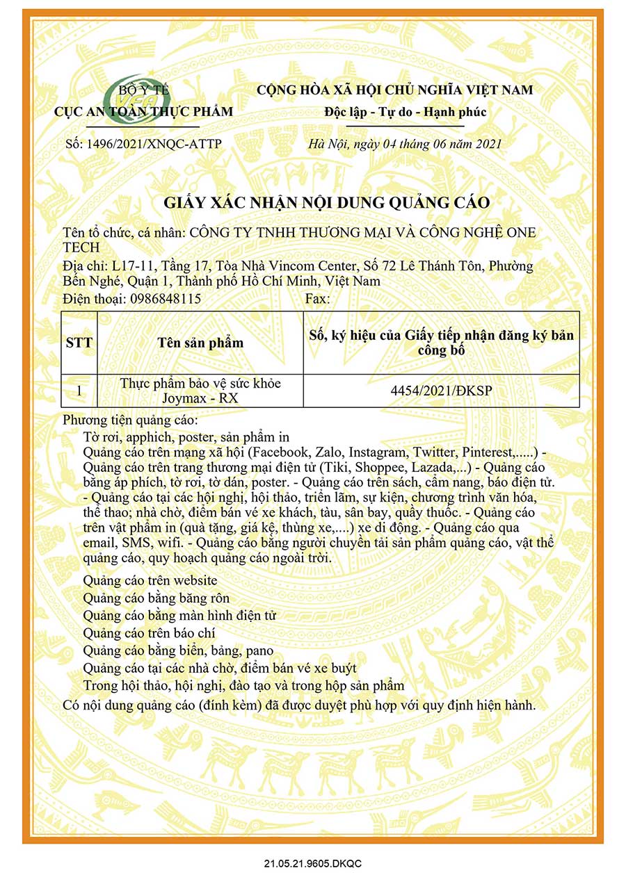giấy chứng nhận joymax rx