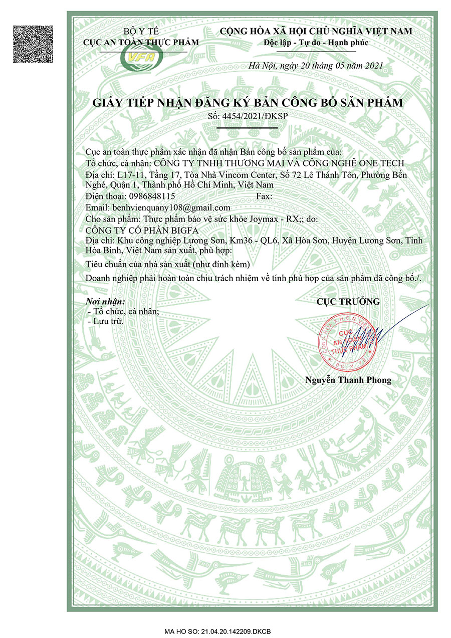 chứng nhận sản phẩm joymax rx